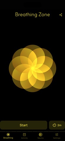 Breathing Zone’s dark screen with a yellow flower-shaped pacer, start control and session duration.