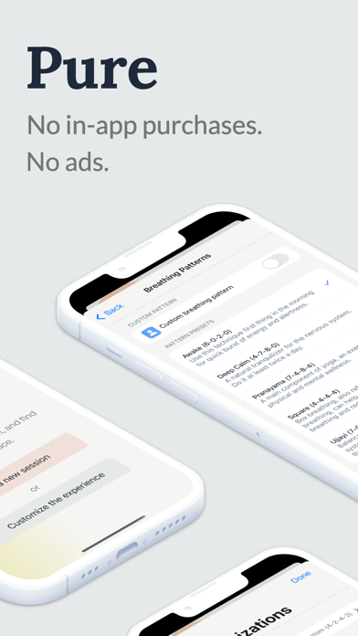 Breathly’s light interface showing the technique selector in a tilted phone mockup with a no-in-app-purchases label.