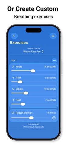 iBreathe custom-exercise editor with separate sliders for inhale, hold, exhale and repetitions.