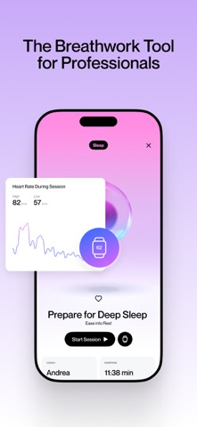 Regulate session preview with a pink breathing orb and an illustrated heart-rate card beside an Apple Watch symbol.